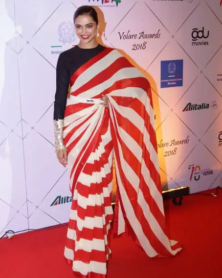 Red And White Striped Pattern Silk Saree With Black Full Sleeve Blouse
