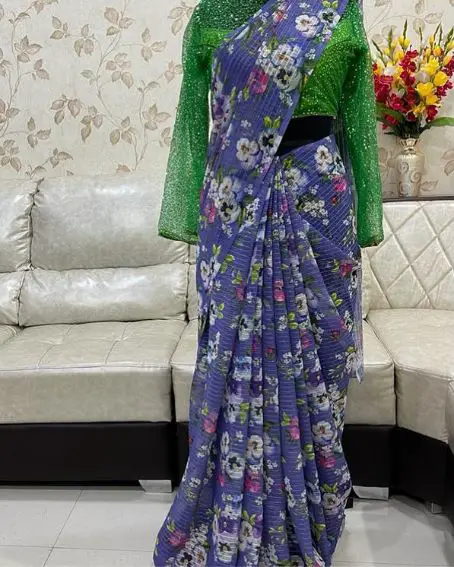 Floral Chiffon Saree With Green Sequence Blouse