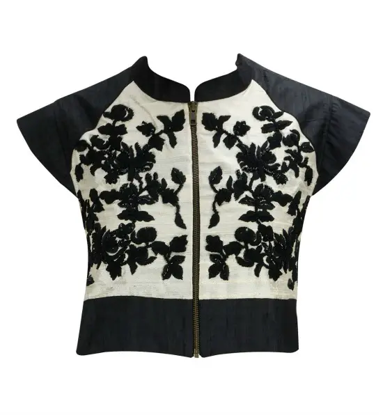 Off White and Black Embroidered Cropped Front Gip Jacket