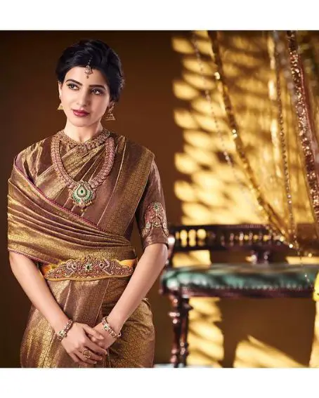 Authentic Look Of Samantha In Brown Color Saree