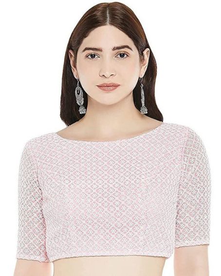Baby Pink And White Gota Work Boat Neck Blouse With Quarter Sleeves