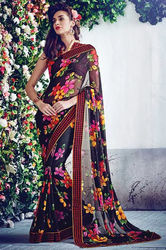 Black Georgette Floral Print Fancy Saree