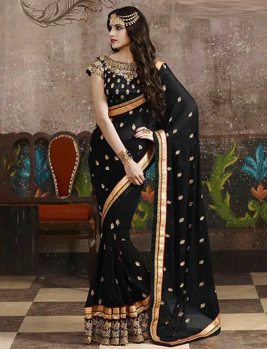 Black Satin Designer Georgette Party Wear Saree