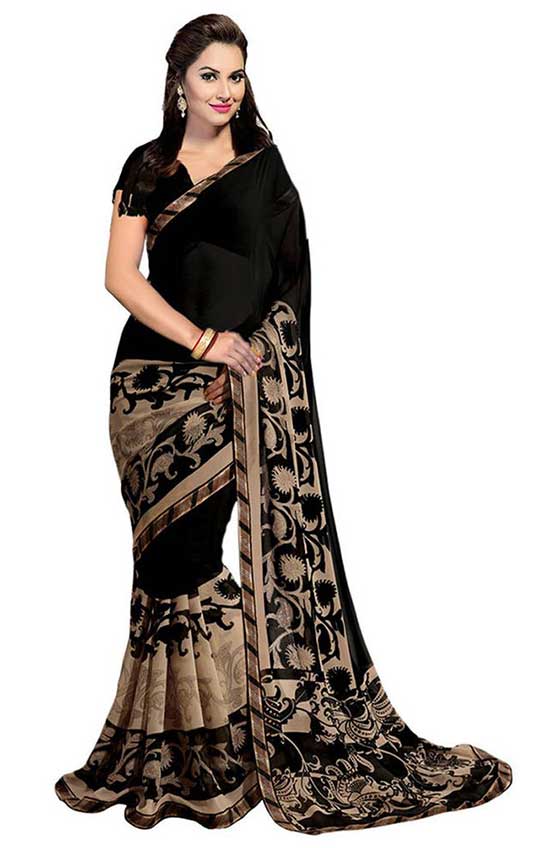 Black printed faux georgette saree with blouse