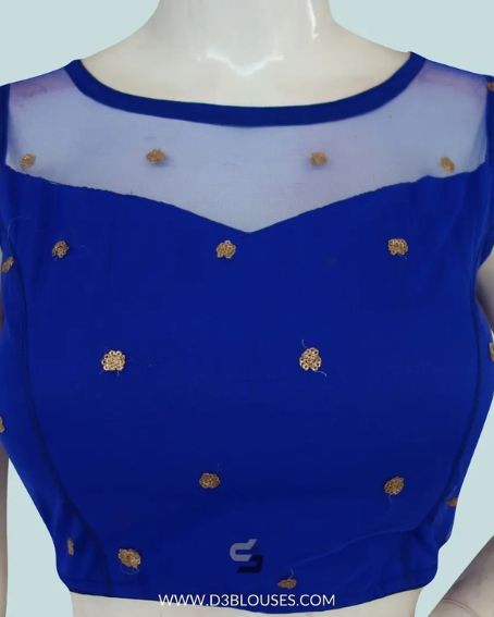 Blue Color Sleeveless Sheer Net Yoke Blouse With Boat Neck