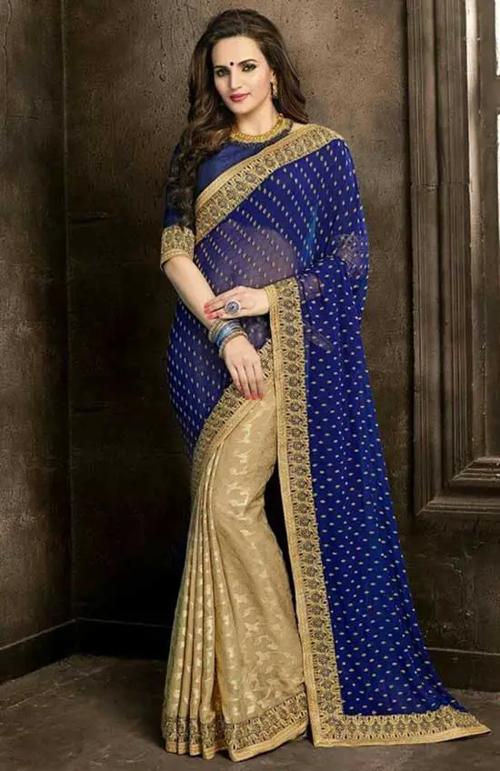 Blue Cream color designer georgette jacquard fabric saree with embroidery