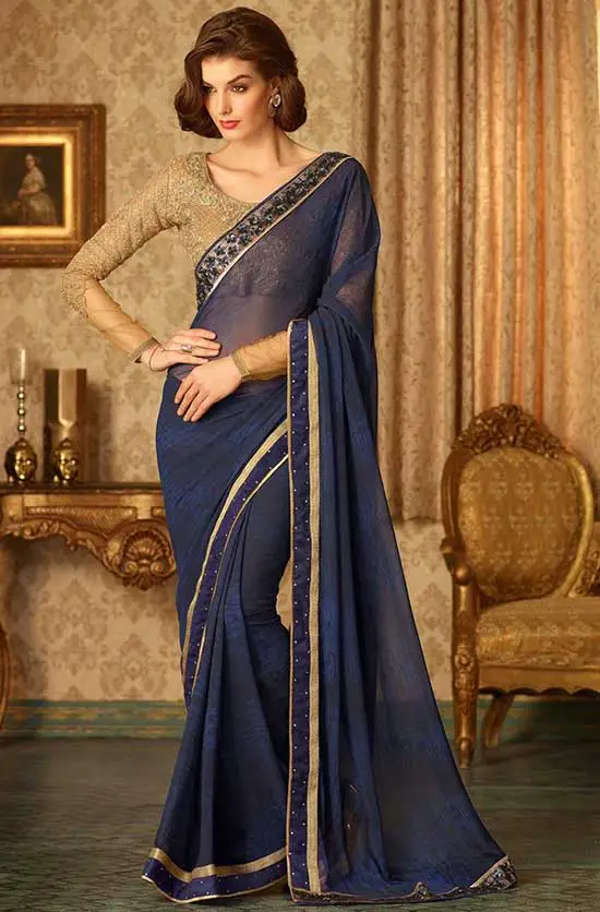 Blue Georgette Fancy Saree embellished with crystals, stones and lace work