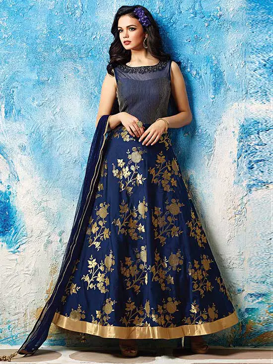 Blue Silk Neemzari Work Anarkali Suit