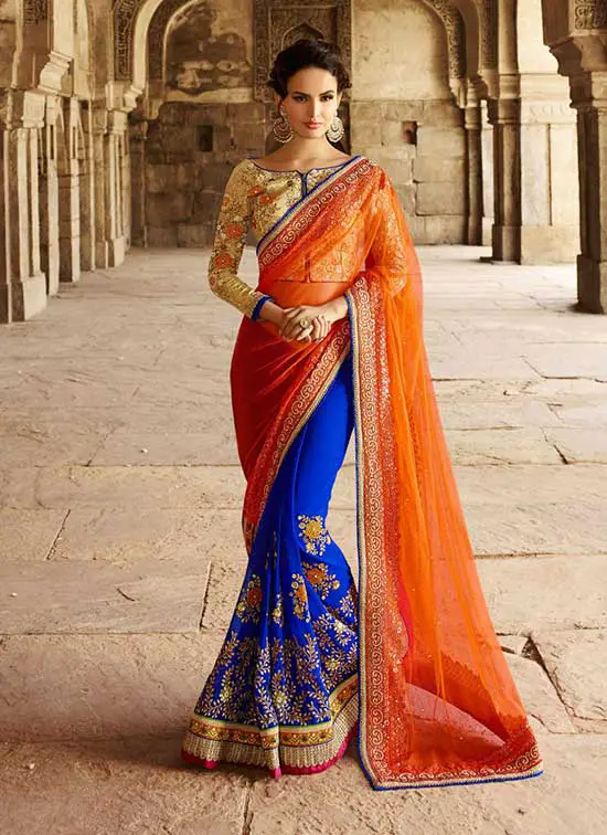 Blue and Orange Pure Georgette Designer Bridal Sarees