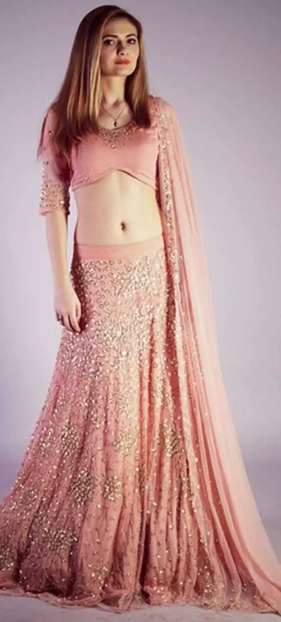 Blush pink, silver encrusted, gold pailette With Quarter sleeves Lehenga Choli