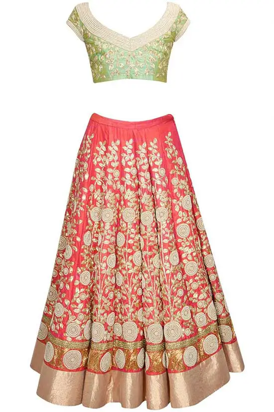 Coral color Lehenga Choli in raw silk with zari