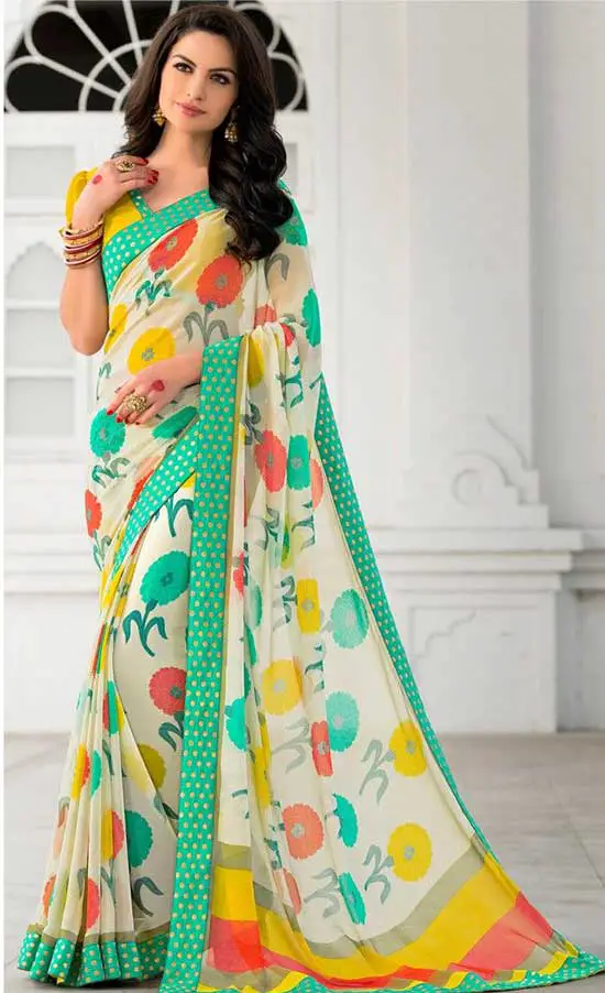 Cream Georgette Printed Saree