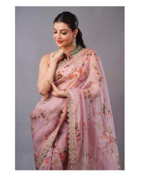 Floral Pattern Peach Color Saree Of Kajal Agarwal