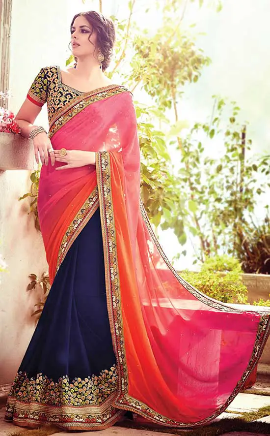 Georgette Navy Blue And Pink Designer Saree