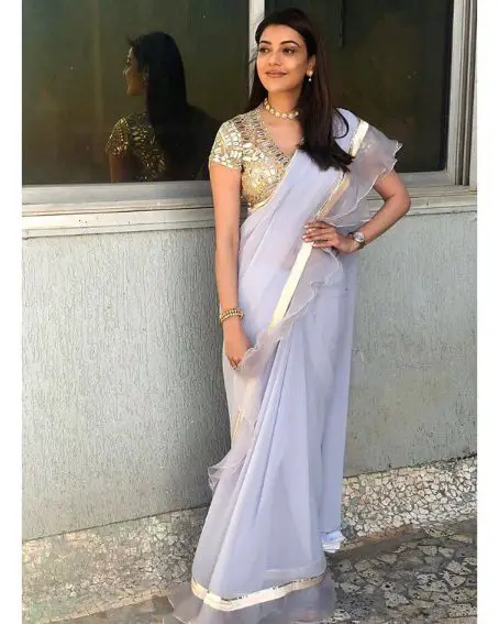 Gorgeous Kajal Agarwal In Gray Ruffle Saree