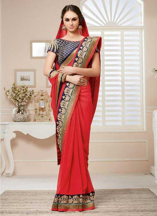 Gratifying Georgette Red Embroidered Work Designer Saree