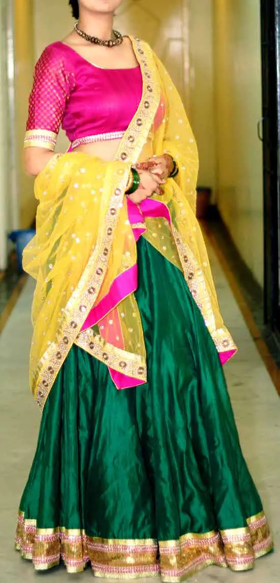 Green Lenhenga With Golden Heavy Sequins Lace And Kundan Work Dupatta With Yellow Border