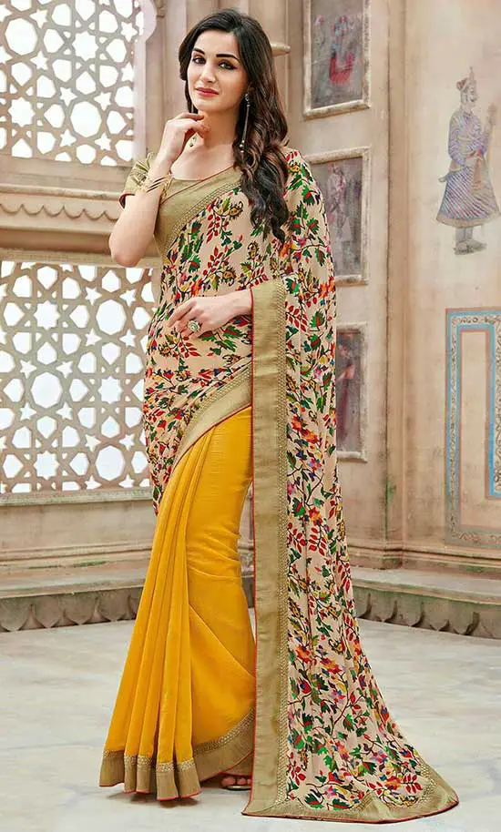 Half And Half Georgette Saree in Beige and Mustard