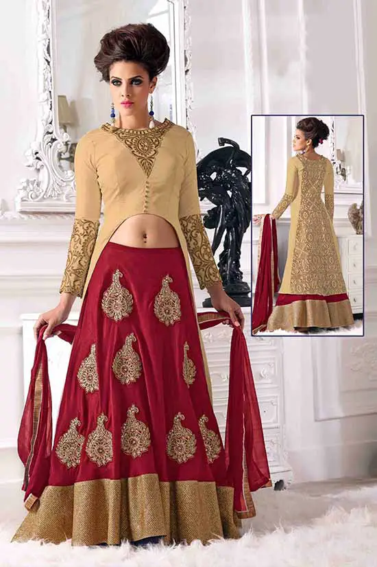 Heavy Red Designer Indo Western Floor Touch Lehenga