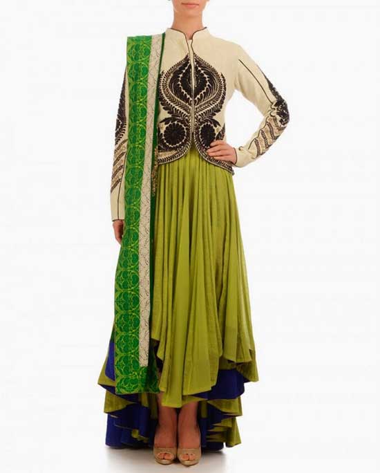 Lime Green Tail Cut Anarkali Along With Cream Jacket