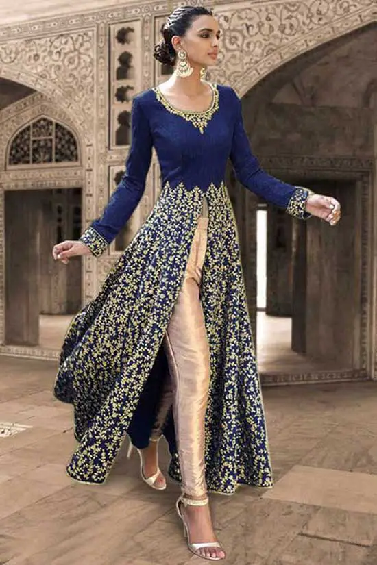 Navy Blue Sequins And Stone Work Bhagalpuri Silk Festival Anarkali Salwar Suit