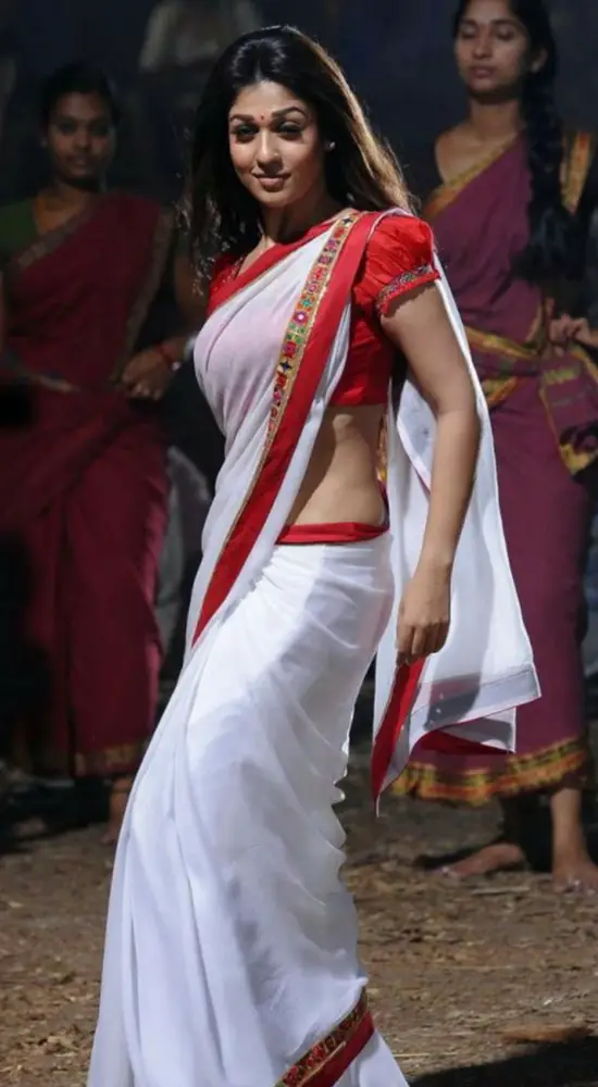 Nayantara In White Saree Red Border With Puff Sleeve Blouse