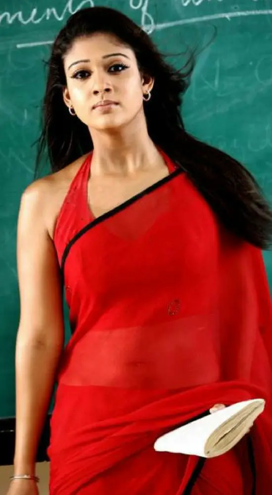 Nayantara Red Saree With Halter Neck Blouse