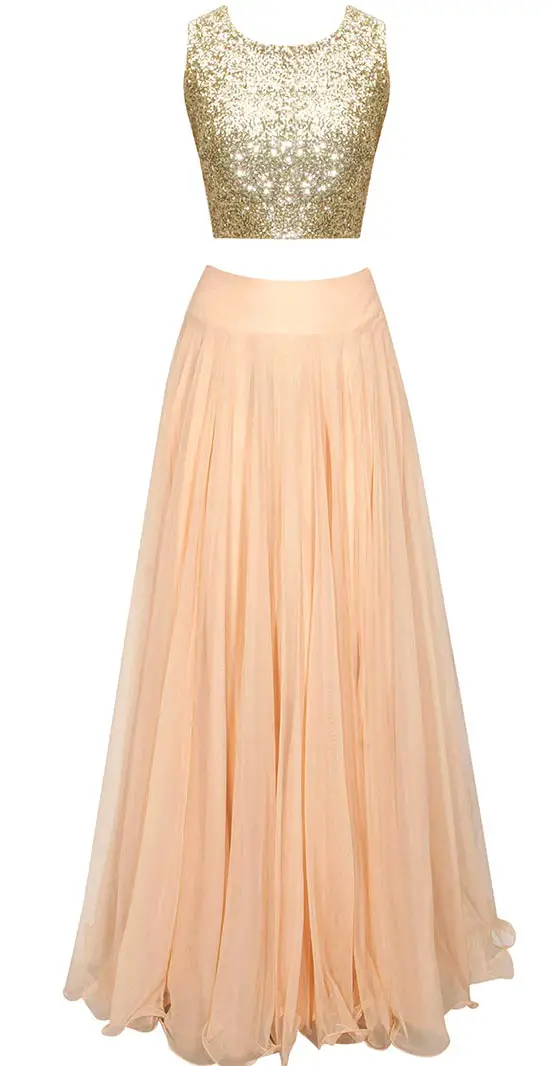 Peach sheer embroidered cape lehenga set with sequins crop top