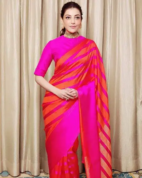 Pink And Orange Combination Striped Pattern Saree And Blouse