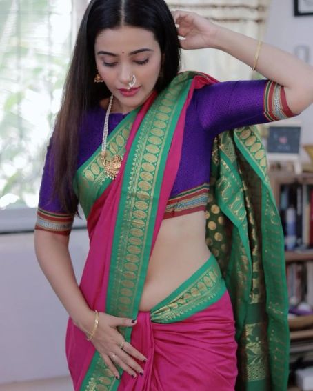 Pink With Green And Gold Border Saree