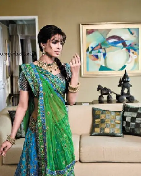 Priyanka Chopra In A Combination Of Blue And Green Embroidered Saree