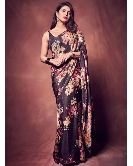 Priyanka Chopra In Black Floral Saree