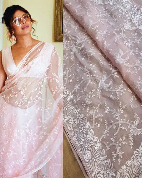 Priyanka Chopra In Pink Net Embroidery Saree