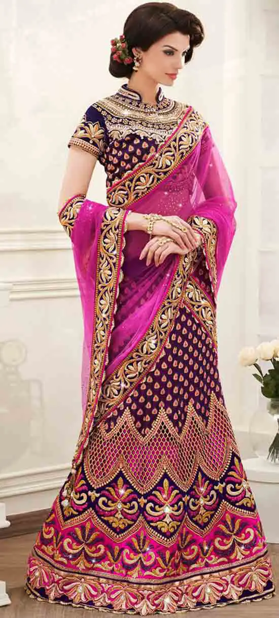 Purple & Pink Velvet Designer Lehenga Saree With Zari Work