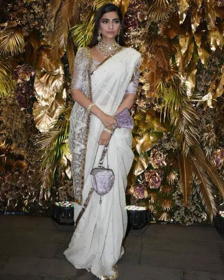 Radiant Glimpse Of Sonam Kapoor In White And Gold Border Saree