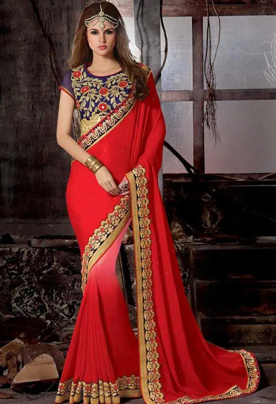 Red Color Embroidered georgette saree