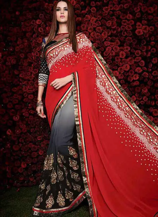 Royal Red And Grey To Black Shaded Georgette Stone Work Sarees