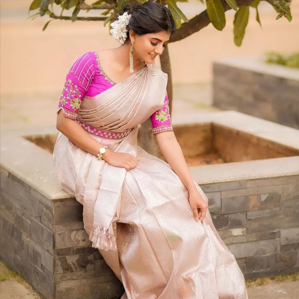 Saree with Elegant Cut Work Pink Blouse 1