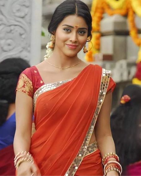 Shriya Saran In Awesome Red With Mirror Work Border Designed Saree