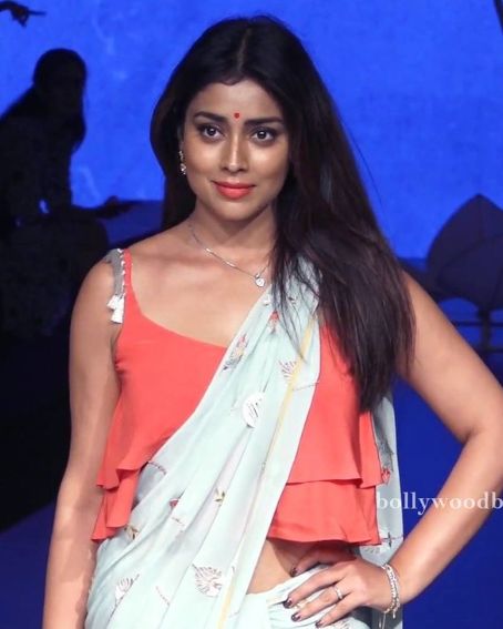 Shriya Saran In Fashionable Saree With Contrast Blouse