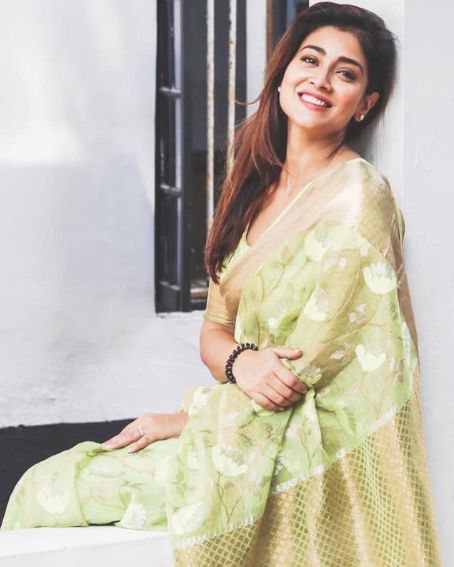 Shriya Saran In Light Green With Gold Border Saree