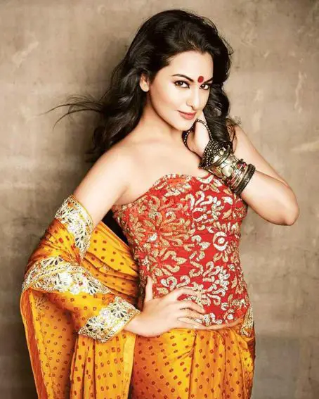 Sonakshi Sinha In Orange Saree With Corset Blouse