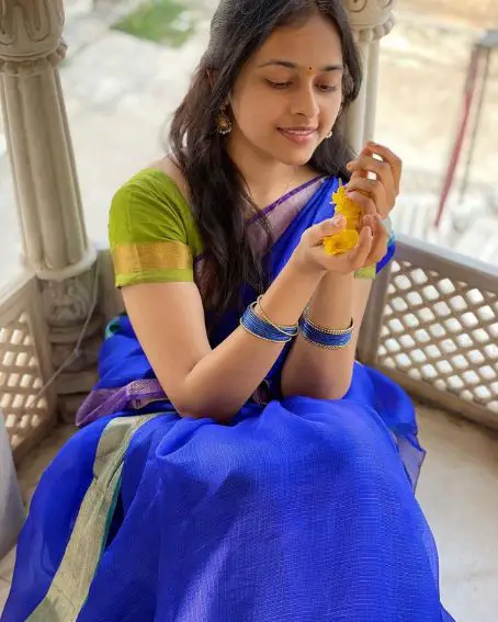 Sri Divya In Blue Saree With Green Blouse