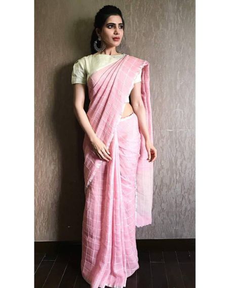 Stunning Samantha In Pink Saree With Check Pattern