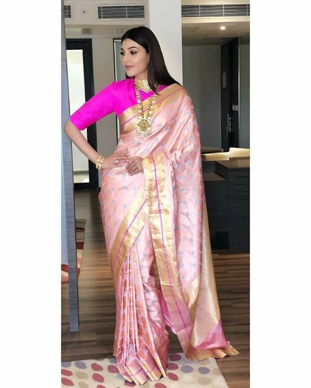 Traditional Peach Saree And Gold Border Pattu Saree With Blouse