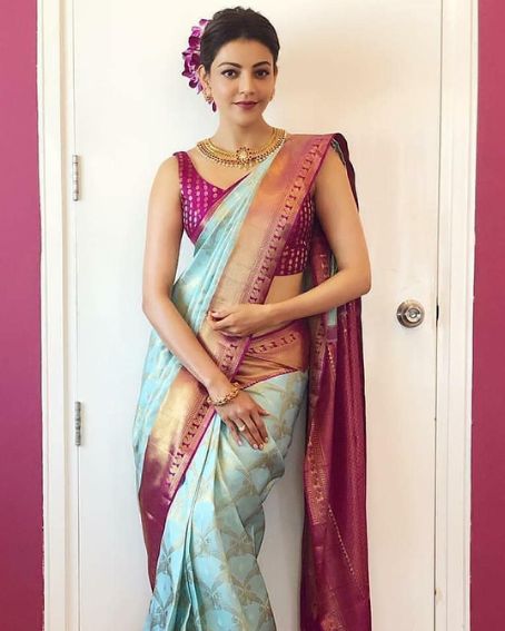 Traditional Sea Blue Saree With Western Pattern Blouse
