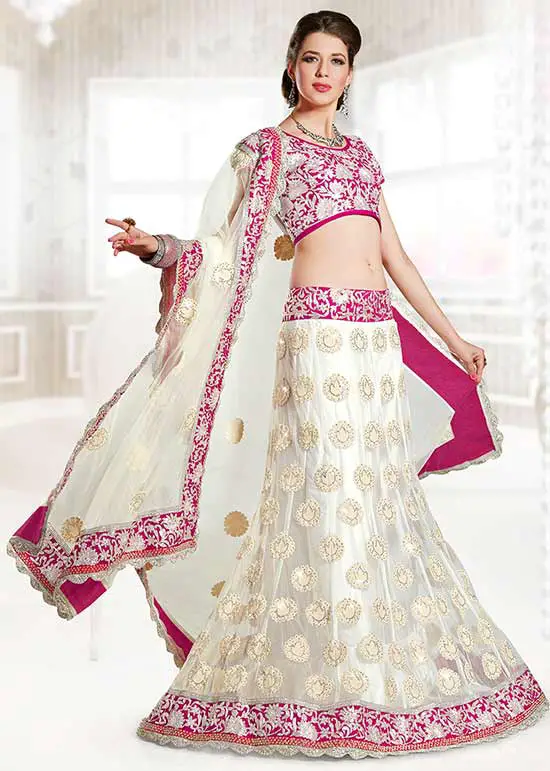 White Long Lehenga With Pink Embroidery Lace And Net Choli