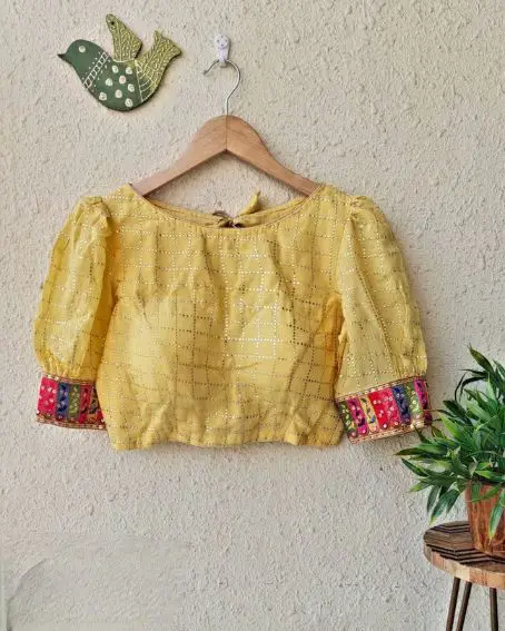 Yellow Color Boat Neck Puff Blouse