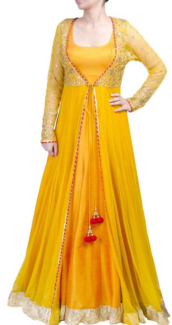 Yellow anarkali with sheer jacket