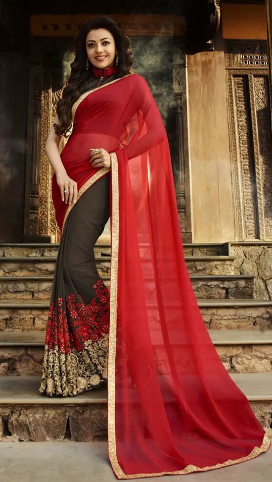 kajal agarwal in red and black Saree